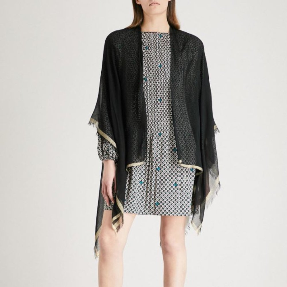 NWOT Maje Eloha Black Poncho Wrap Gold Lurex Trim